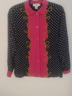 Ann Taylor Studio Vintage Silk Navy Polka Dot Pink Gold Rope Button Down Shirt S